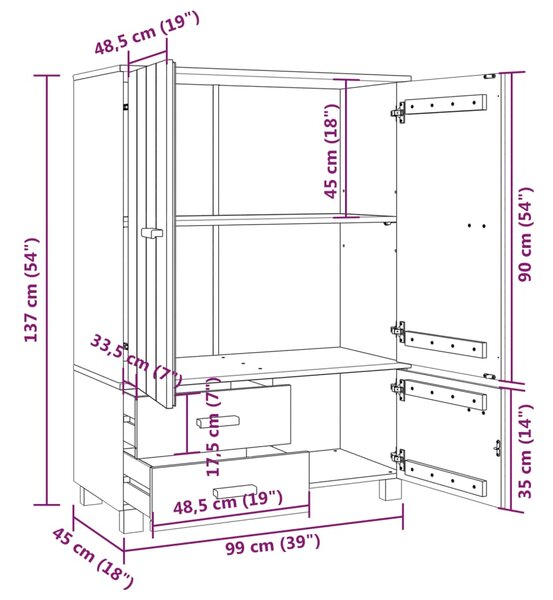 VidaXL Ντουλάπα HAMAR Αν. Γκρι 99 x 45 x 137εκ. από Μασίφ Ξύλο Πεύκου