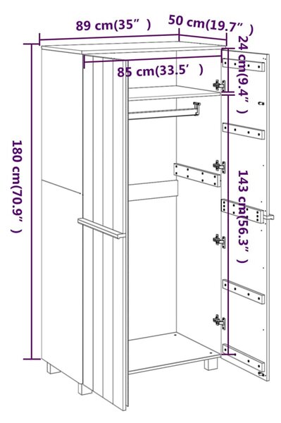 VidaXL Ντουλάπα HAMAR Αν. Γκρι 89 x 50 x 180 εκ. από Μασίφ Ξύλο Πεύκου