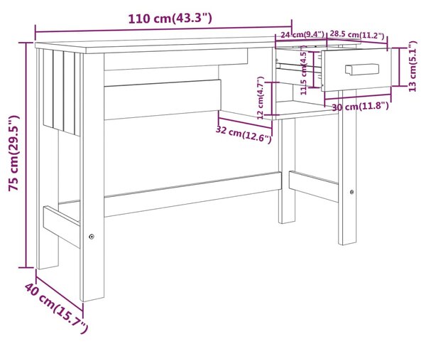 VidaXL Γραφείο HAMAR Λευκό 110 x 40 x 75 εκ. από Μασίφ Ξύλο Πεύκου