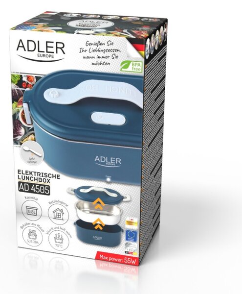 Ηλεκτρικό δοχείο φαγητού Adler AD 4505, 800 ml, Έως 70C, Ανοξείδωτο ατσάλι, Μπλε