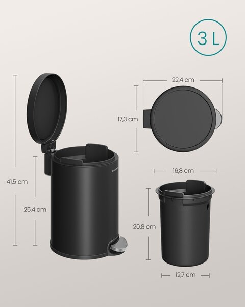 Κάδος απορριμμάτων με πεντάλ Plushic, Songmics, Μαύρος, 22.4x17.3x25.4 cm