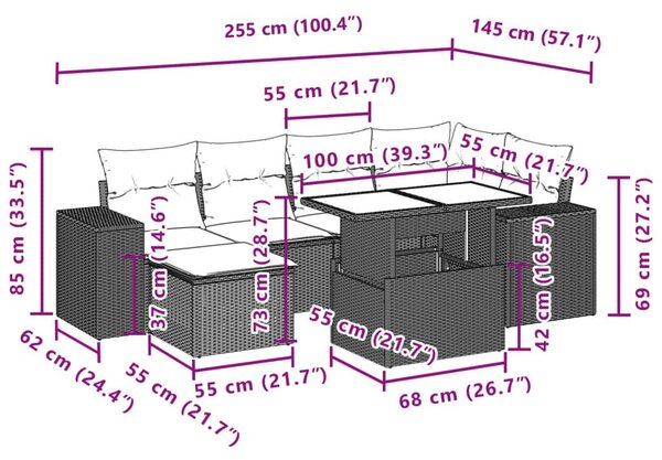 Καναπές Σετ 7 Τεμαχίων Μαύρο Συνθετικό Ρατάν με Μαξιλάρια - Μαύρο