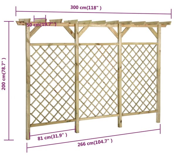 VidaXL Φράχτης Κήπου Καφασωτός με Κορυφή Πέργκολας 300x50x200 εκ Πεύκο