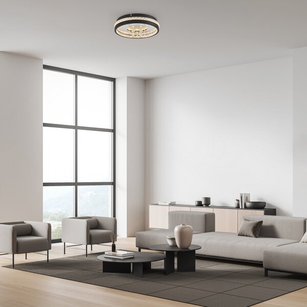 JUST LIGHT. GmbH Φωτιστικό οροφής LED Hanni, μαύρο, σίδερο, αλουμίνιο, εφέ κρυστάλλου, Μαύρο, Σαλόνι / τραπεζαρία, Μέταλλο, σύγχρονο