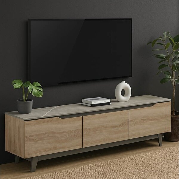 Έπιπλο TV, Pako Word, Kasandra, Ανοιχτό Γκρι Μάρμαρο, 180 x 35 x 48 cm