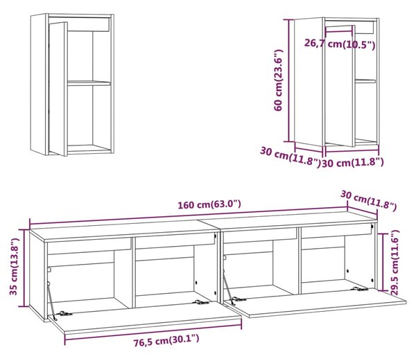 VidaXL Έπιπλα Τηλεόρασης 4 τεμ. Μαύρα από Μασίφ Ξύλο Πεύκου