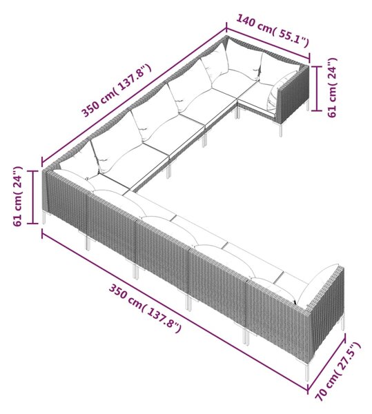 VidaXL Σαλόνι Κήπου Σετ 10 τεμ. Σκούρο Γκρι Συνθετ. Ρατάν με Μαξιλάρια