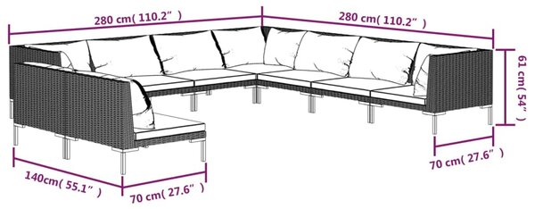 VidaXL Σαλόνι Κήπου Σετ 9 Τεμ. με Μαξιλάρια Σκ. Γκρι από Συνθ. Ρατάν