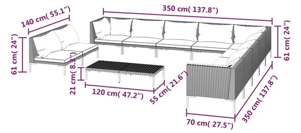VidaXL Σαλόνι Κήπου 12 τεμ. Σκούρο Γκρι Συνθετ. Ρατάν με Μαξιλάρια
