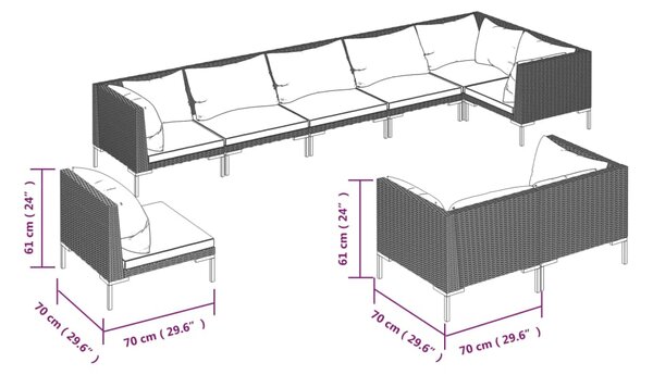 VidaXL Σαλόνι Κήπου 9 τεμ. Σκούρο Γκρι Στρογγυλό Ρατάν με Μαξιλάρια