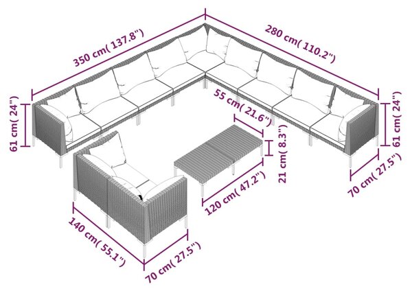 VidaXL Σαλόνι Κήπου 12 τεμ. Σκούρο Γκρι Συνθετ. Ρατάν με Μαξιλάρια