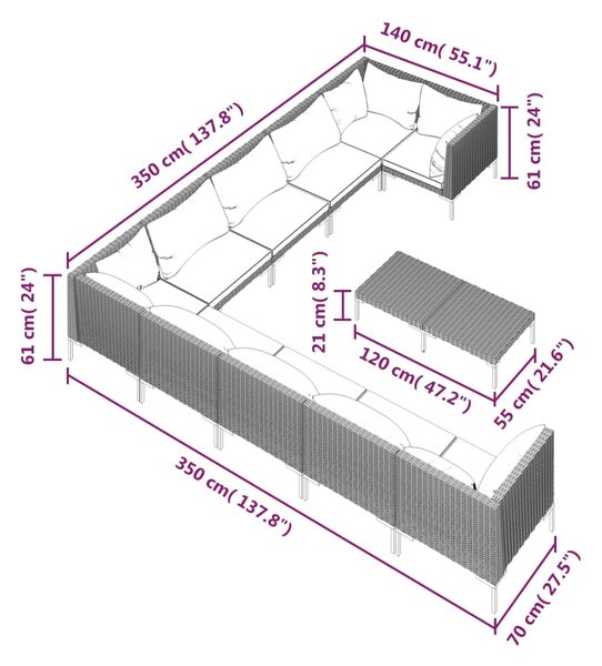 VidaXL Σαλόνι Κήπου Σετ 11 τεμ. Σκούρο Γκρι Συνθετ. Ρατάν με Μαξιλάρια