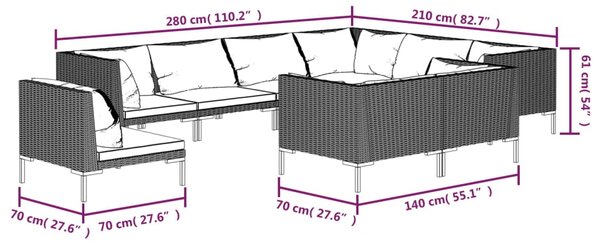 VidaXL Σαλόνι Κήπου Σετ 9 Τεμ. με Μαξιλάρια Σκ. Γκρι από Συνθ. Ρατάν