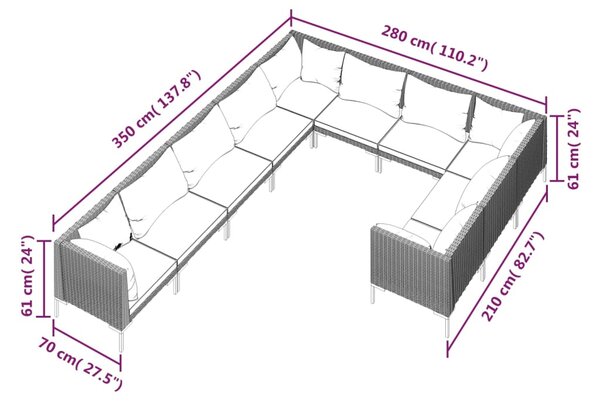 VidaXL Σαλόνι Κήπου Σετ 10 τεμ. Σκούρο Γκρι Συνθετ. Ρατάν με Μαξιλάρια