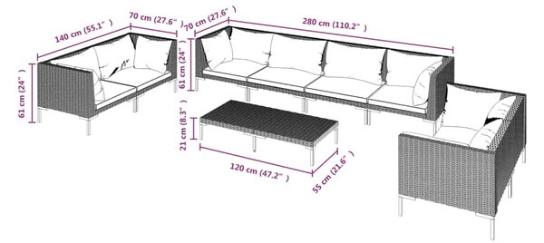 VidaXL Σαλόνι Κήπου Σετ 9 Τεμ. με Μαξιλάρια Σκ. Γκρι από Συνθ. Ρατάν