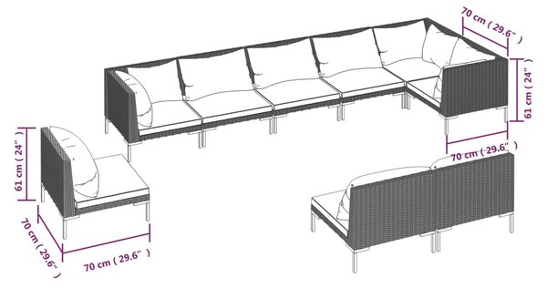 VidaXL Σαλόνι Κήπου Σετ 9 Τεμ. με Μαξιλάρια Σκ. Γκρι από Συνθ. Ρατάν