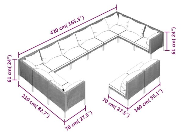 VidaXL Σαλόνι Κήπου 12 τεμ. Σκούρο Γκρι Συνθετ. Ρατάν με Μαξιλάρια