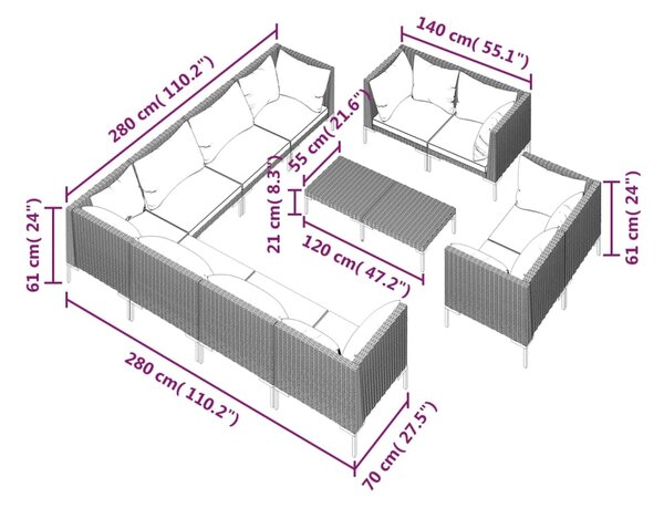 VidaXL Σαλόνι Κήπου 12 τεμ. Σκούρο Γκρι Συνθετ. Ρατάν με Μαξιλάρια