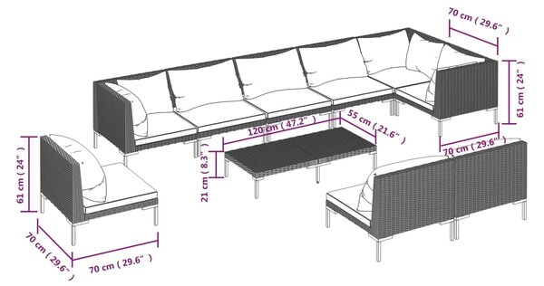 VidaXL Σαλόνι Κήπου Σετ 10 τεμ. Σκούρο Γκρι Συνθετ. Ρατάν με Μαξιλάρια