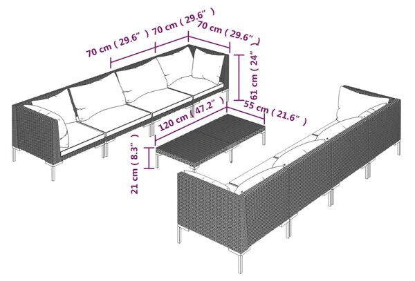 VidaXL Σαλόνι Κήπου Σετ 9 Τεμ. με Μαξιλάρια Σκ. Γκρι από Συνθ. Ρατάν