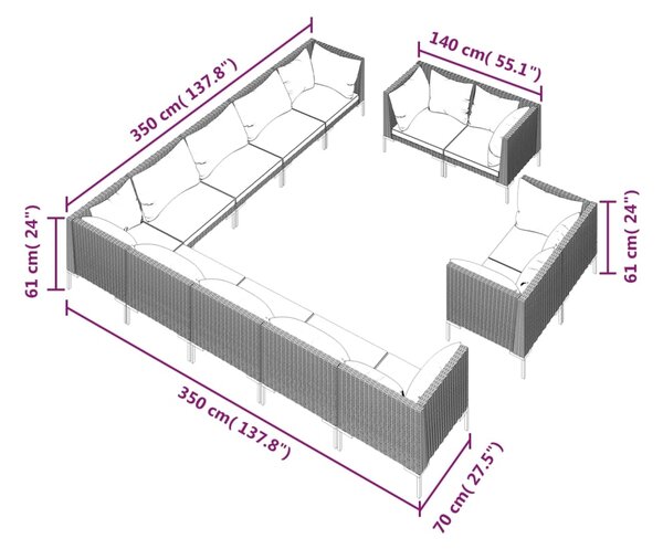 VidaXL Σαλόνι Κήπου 13 τεμ. Σκούρο Γκρι Συνθετ. Ρατάν με Μαξιλάρια