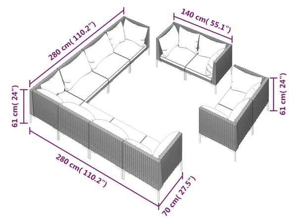 VidaXL Σαλόνι Κήπου 11 τεμ. Σκούρο Γκρι Συνθετ. Ρατάν με Μαξιλάρια