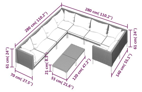 VidaXL Σαλόνι Κήπου Σετ 9 Τεμ. με Μαξιλάρια Σκ. Γκρι από Συνθ. Ρατάν