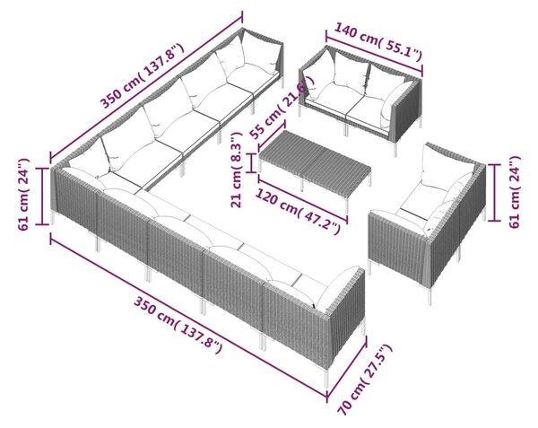 VidaXL Σαλόνι Κήπου 14 τεμ. Σκούρο Γκρι Συνθετ. Ρατάν με Μαξιλάρια
