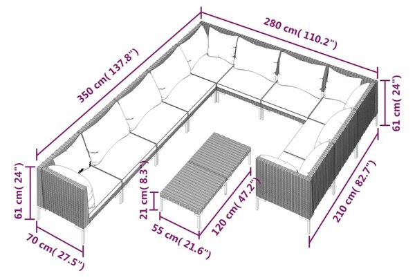 VidaXL Σαλόνι Κήπου Σετ 11 τεμ. Σκούρο Γκρι Συνθετ. Ρατάν με Μαξιλάρια