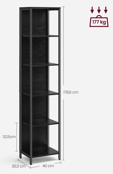 Βιβλιοθήκη Barnet με ρυθμιζόμενο LED, Μαύρη, 30.3x40x178.6 cm