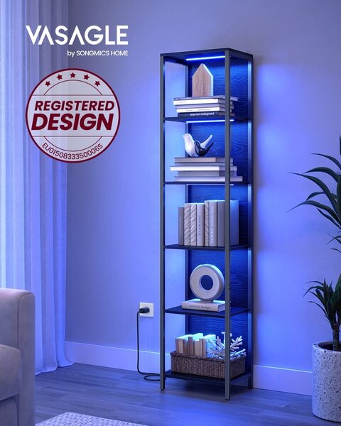 Βιβλιοθήκη Barnet με ρυθμιζόμενο LED, Μαύρη, 30.3x40x178.6 cm
