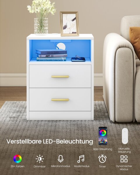 Κομοδίνο Custos με πρίζες, USB και LED, Λευκό, 30x40.1x50.2 cm