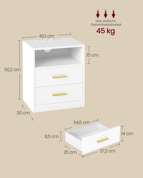 Κομοδίνο Custos με πρίζες, USB και LED, Λευκό, 30x40.1x50.2 cm