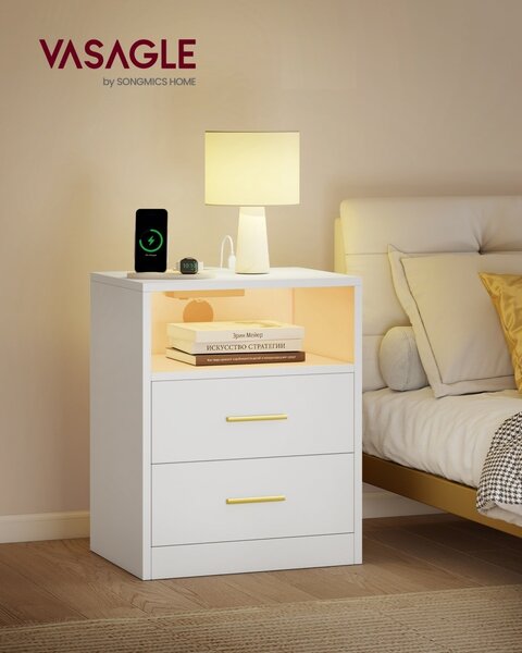 Κομοδίνο Custos με πρίζες, USB και LED, Λευκό, 30x40.1x50.2 cm