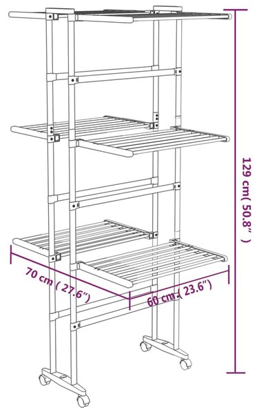 VidaXL Απλώστρα Ρούχων 3 Επιπέδων με Ρόδες Ασημί 60x70x129 εκ