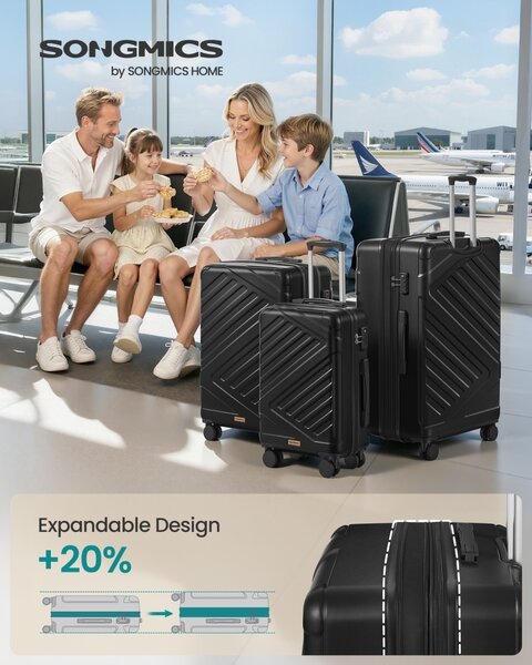 Set de 3 trollere rigide Songmics, Trevo, Negru, 50x30x75 cm