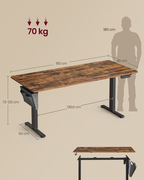 Birou reglabil pe inaltime Songmics, Balok, Maro, 180x80x120 cm
