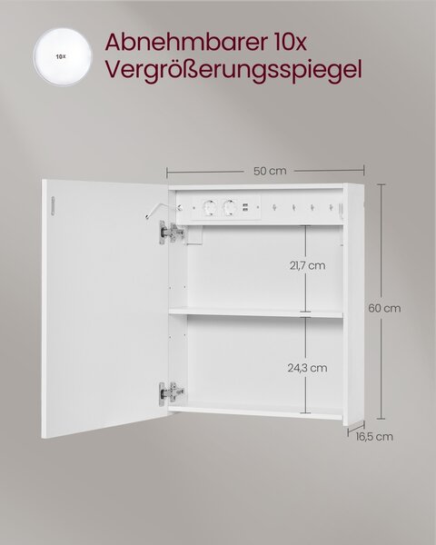 Dulap baie cu oglinda LED Vasagle, Kailyn, Alb perlat, 50x16.5x60 cm