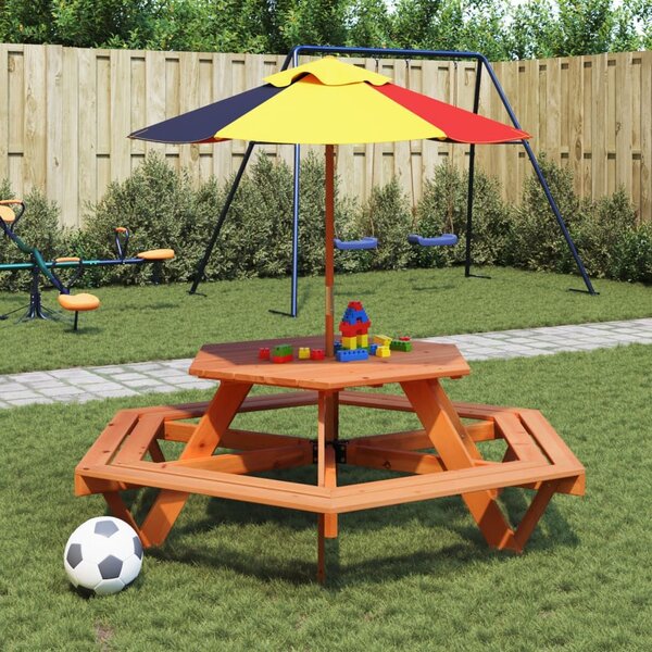 Picnic Table for 6 Kids with Umbrella Hexagon Solid Wood Fir - Καφέ