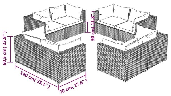VidaXL Σαλόνι Κήπου Σετ 8 Τεμαχίων Καφέ Συνθετικό Ρατάν με Μαξιλάρια