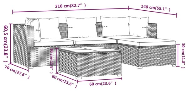 VidaXL Σαλόνι Κήπου Σετ 5 Τεμαχίων Μαύρο Συνθετικό Ρατάν με Μαξιλάρια