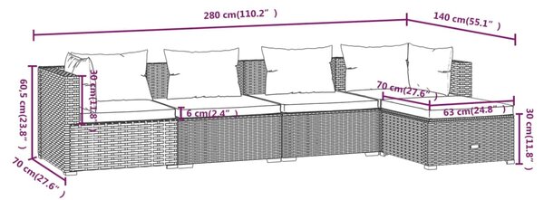 VidaXL Σαλόνι Κήπου 5 Τεμαχίων Καφέ από Συνθετικό Ρατάν με Μαξιλάρια