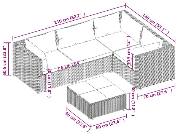 VidaXL Σαλόνι Κήπου Σετ 5 Τεμαχίων Γκρι Συνθετικό Ρατάν με Μαξιλάρια