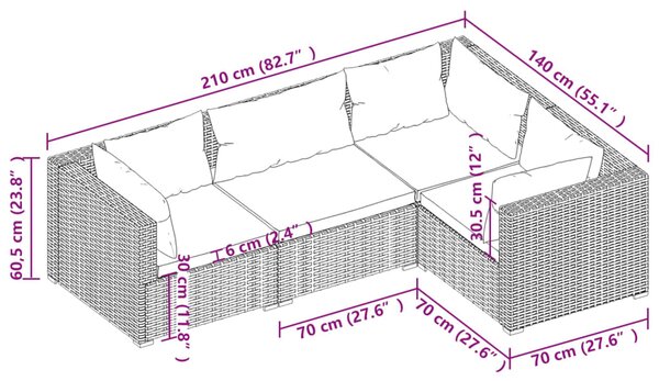 VidaXL Σαλόνι Κήπου 4 Τεμαχίων Καφέ από Συνθετικό Ρατάν με Μαξιλάρια