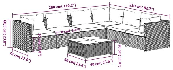 VidaXL Σαλόνι Κήπου Σετ 7 Τεμαχίων Καφέ Συνθετικό Ρατάν με Μαξιλάρια