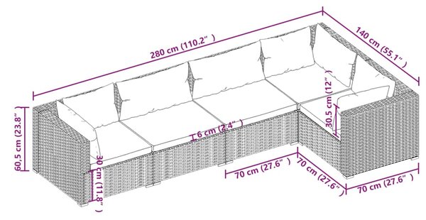 VidaXL Σαλόνι Κήπου 5 Τεμαχίων Καφέ από Συνθετικό Ρατάν με Μαξιλάρια