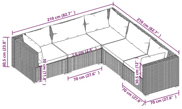 VidaXL Σαλόνι Κήπου 5 Τεμαχίων Καφέ από Συνθετικό Ρατάν με Μαξιλάρια