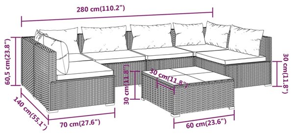 VidaXL Σαλόνι Κήπου Σετ 7 Τεμαχίων Καφέ Συνθετικό Ρατάν με Μαξιλάρια