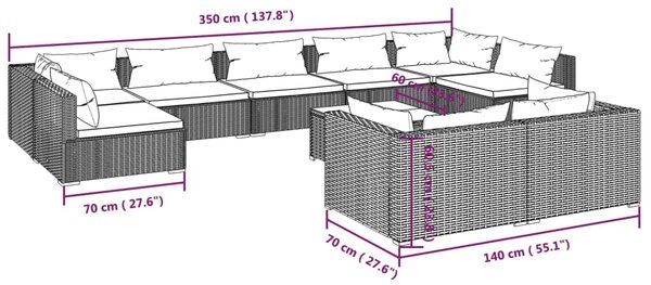 VidaXL Σαλόνι Κήπου Σετ 10 Τεμαχίων Μαύρο Συνθετικό Ρατάν με Μαξιλάρια