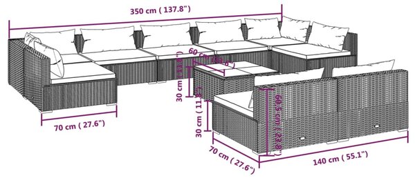 VidaXL Σαλόνι Κήπου 10 Τεμαχίων Γκρι από Συνθετικό Ρατάν με Μαξιλάρια